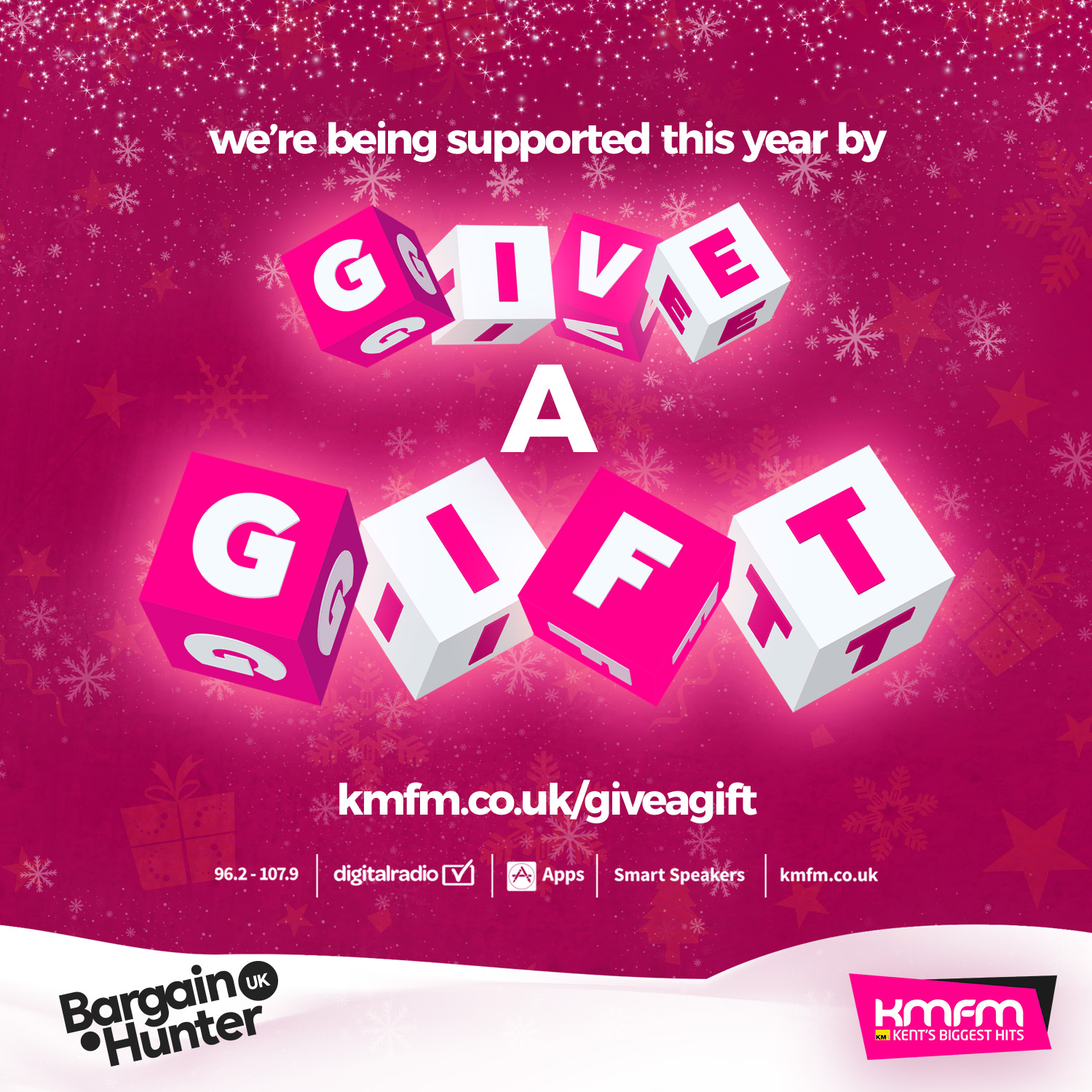 A graphic to announce we've been picked for kmfm and BHUK's Give a Gift campaign again for 2023