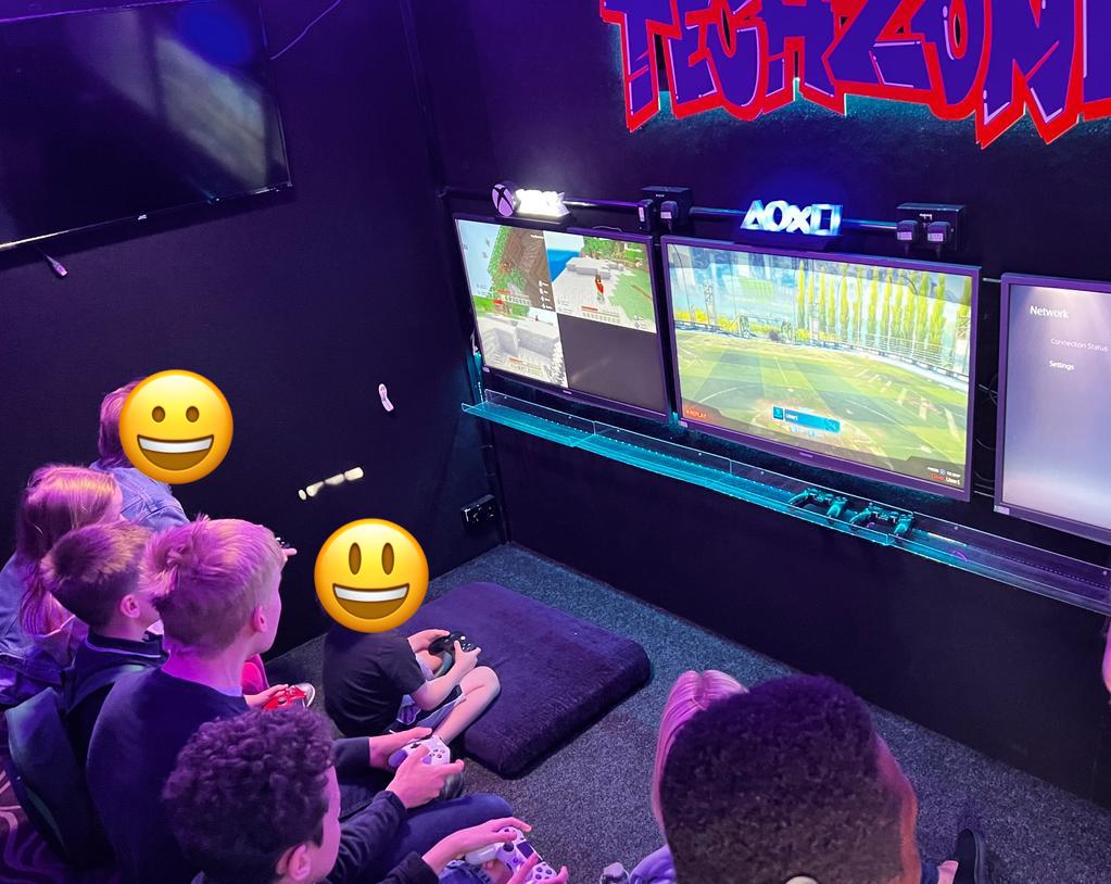 Building Forts together in Minecraft, while football games happen on Rocket League